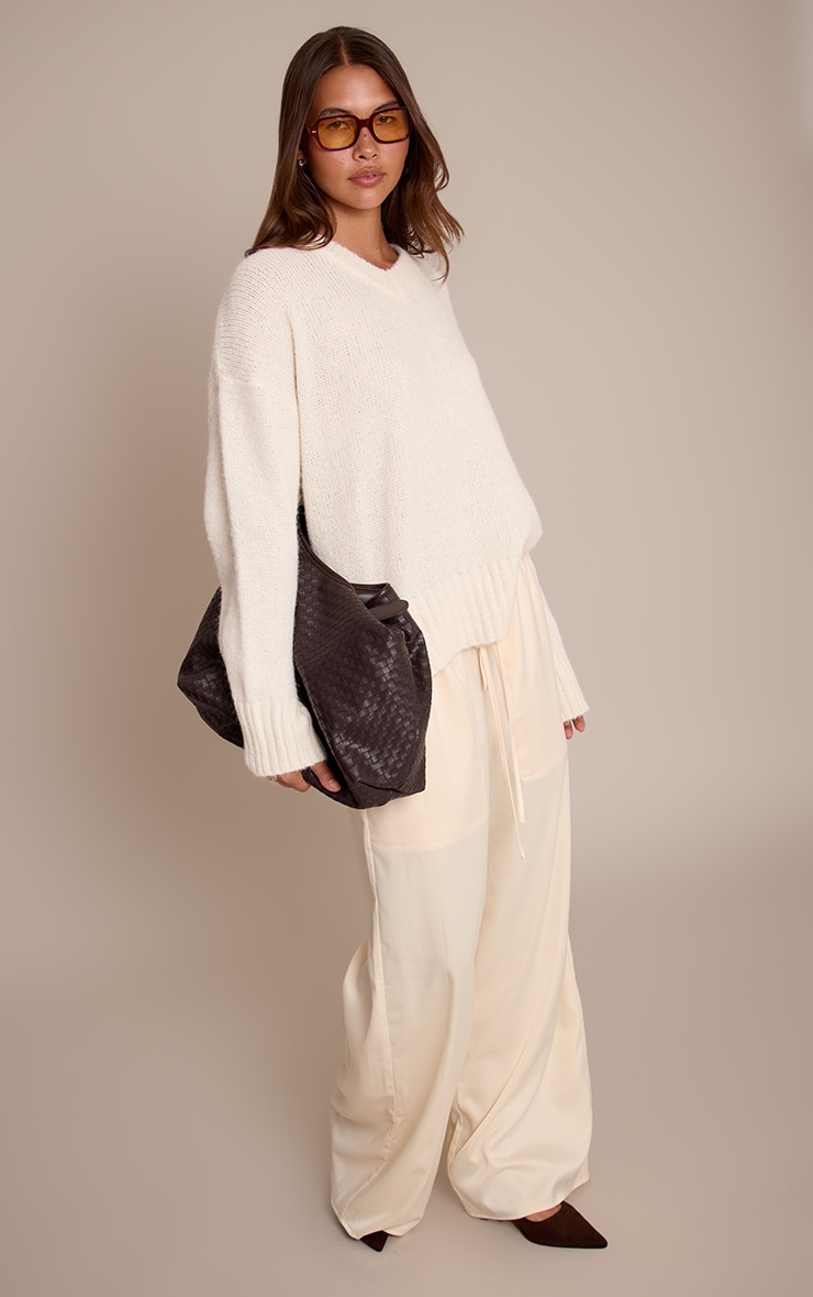 Cream V Neck Rib Detail Jumper image 3