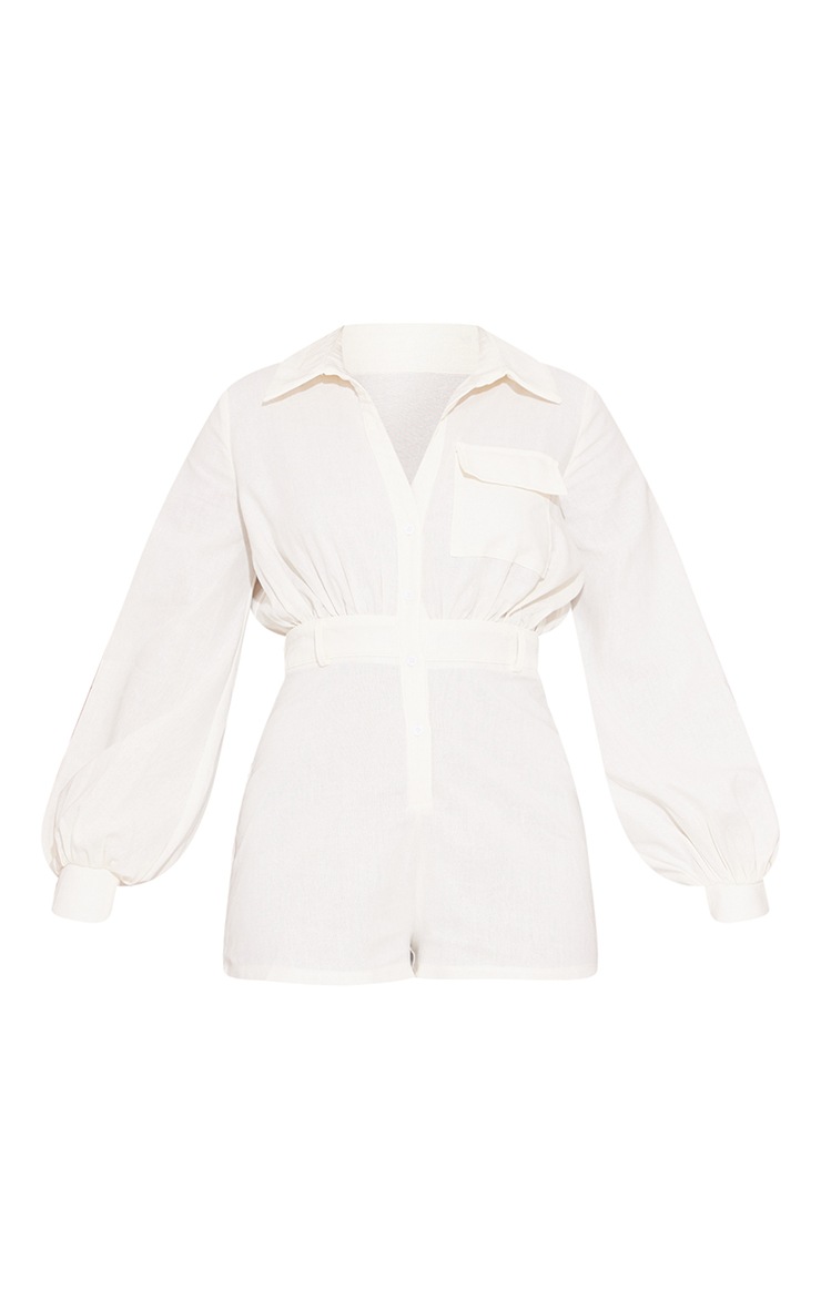 Cream Shirt Linen Look Playsuit PrettyLittleThing USA