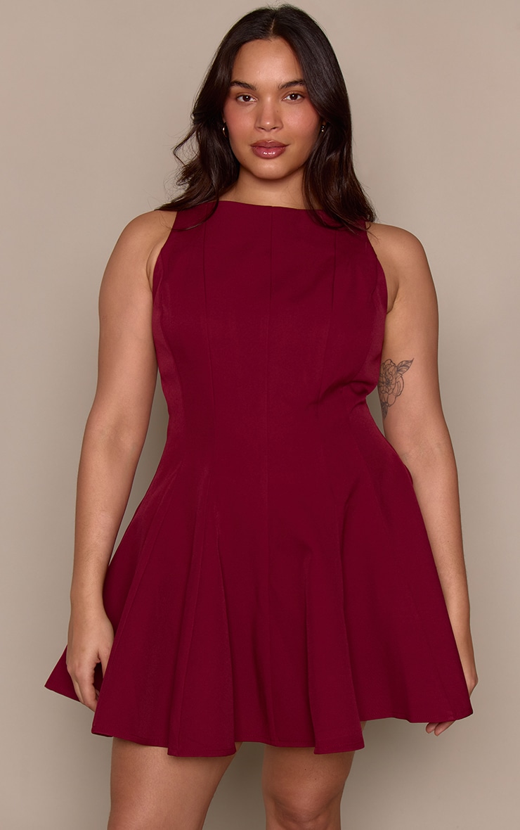 Plus Burgundy Woven Pleated Slash Neck Shift Dress image 1