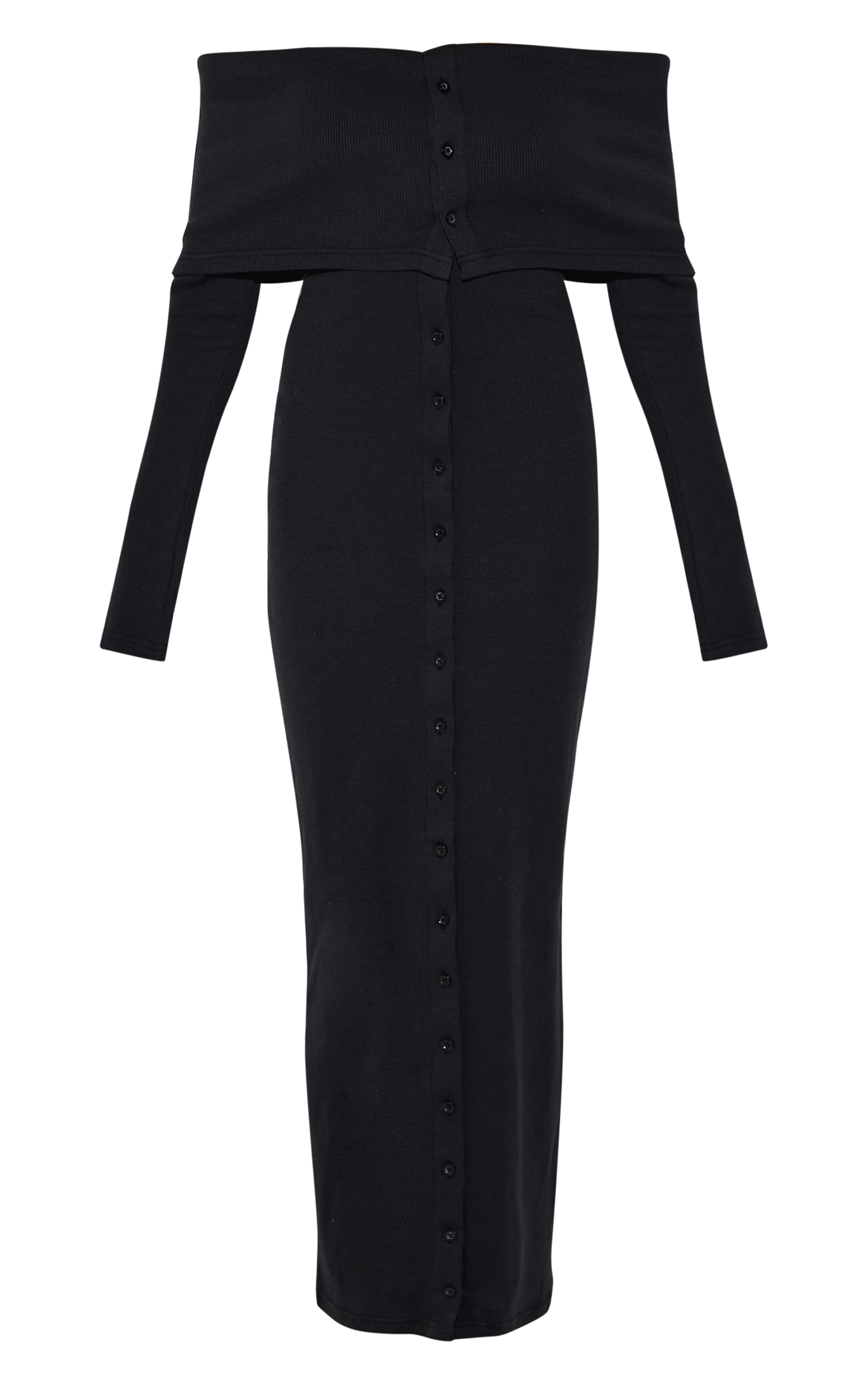 Black Rib Fold Over Bardot Button Maxi Dress image 5