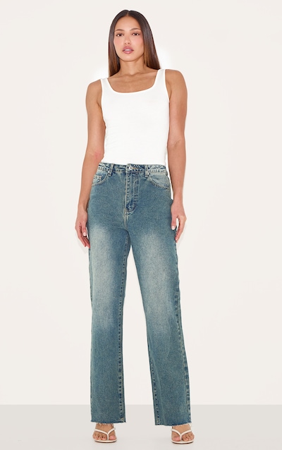 Tall Indigo Vintage Wash Frayed Hem Wide Leg Jeans