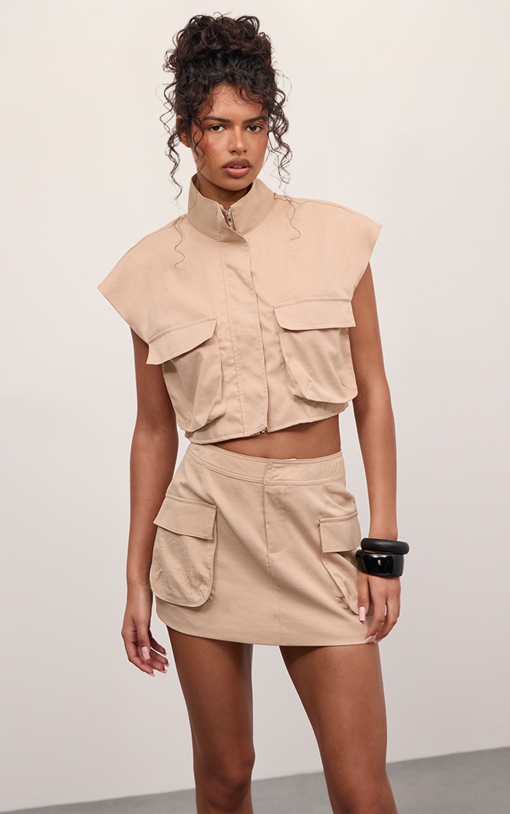 Taupe Sleeveless Cropped Utility Style Jacket
