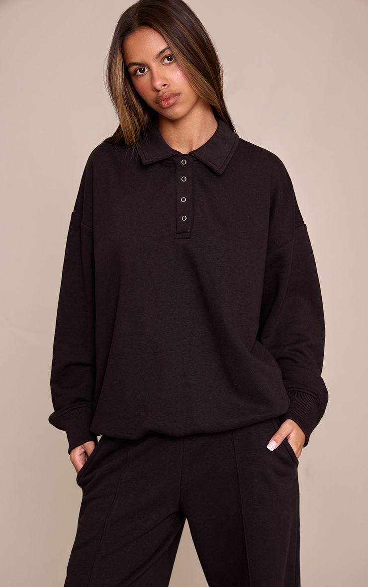 Petite Black Popper Button Collared Sweatshirt image 1