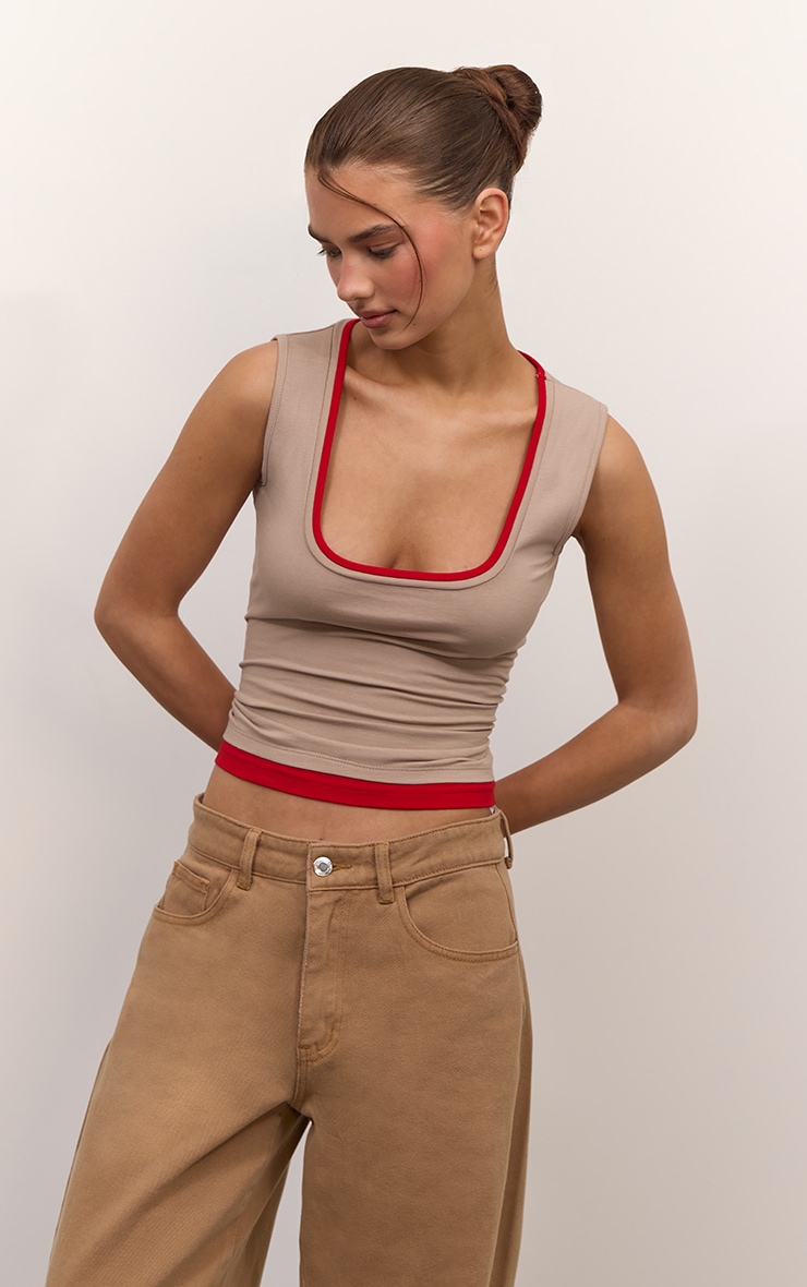 Mushroom Double Layered Detail Scoop Neck Vest