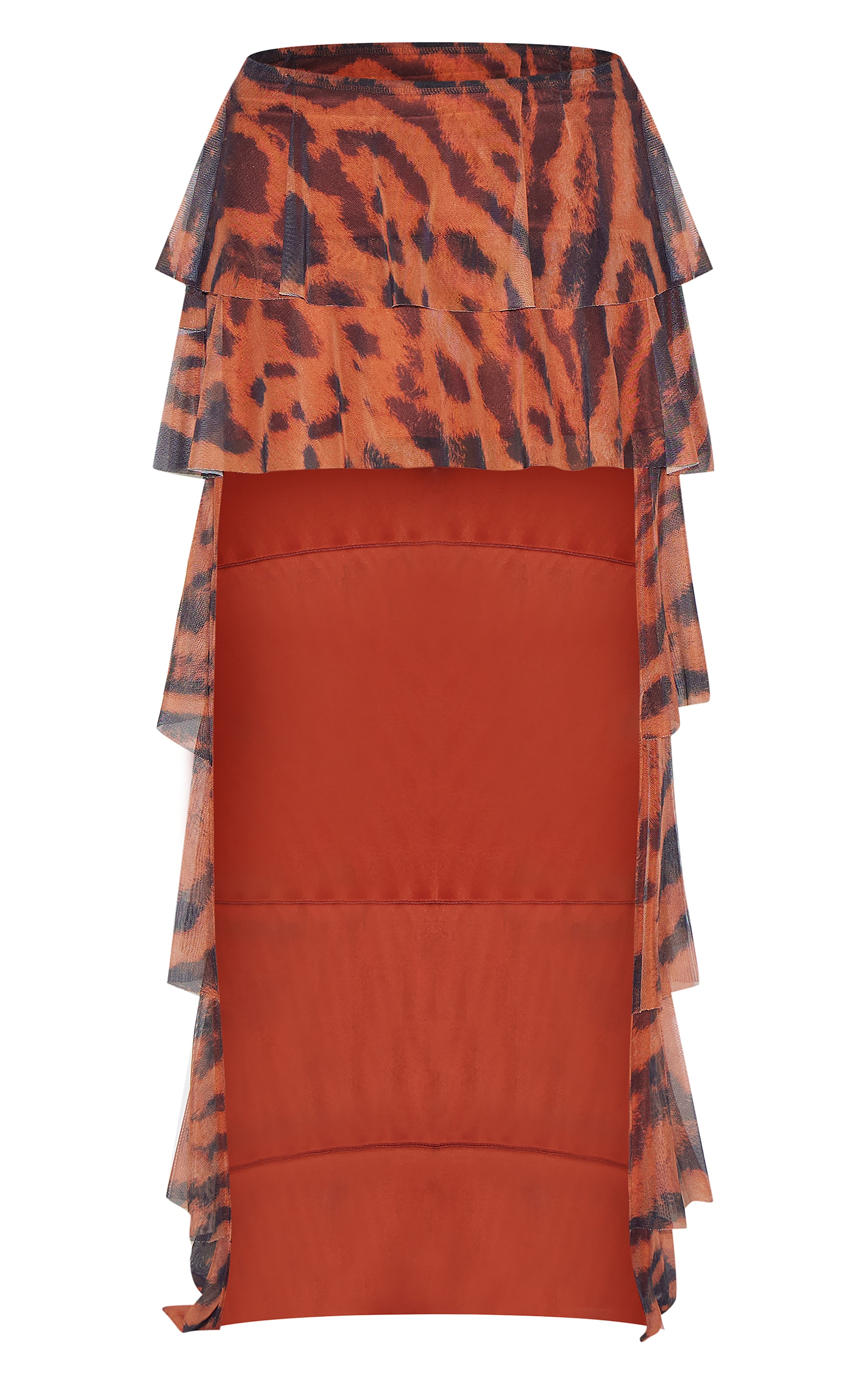 Brown Animal Printed Mesh Rara Waterfall Hem Maxi Skirt image 5