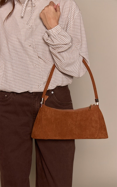 Tan Faux Suede Seam Detail Structured Shoulder Bag