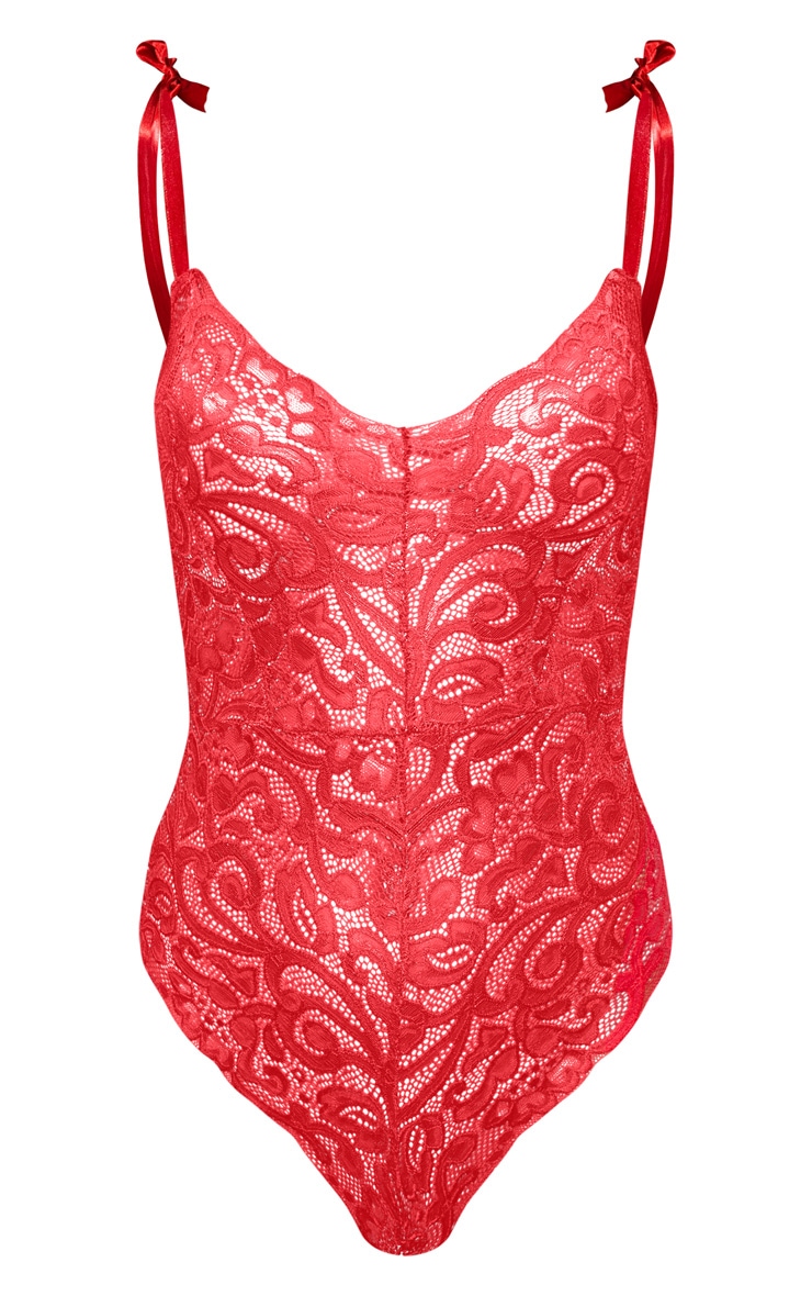Body dentelle rouge avec bretelles à nouer image 3