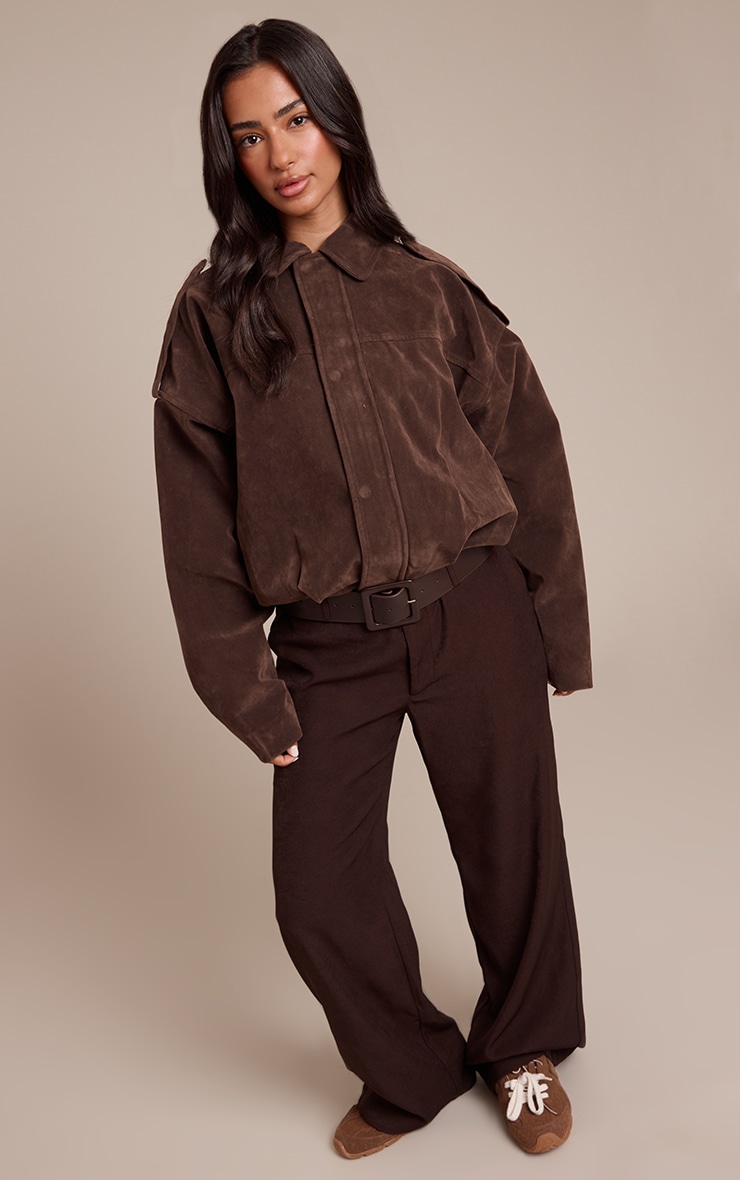 Petite Brown Faux Suede Oversized Zip Up Jacket image 3