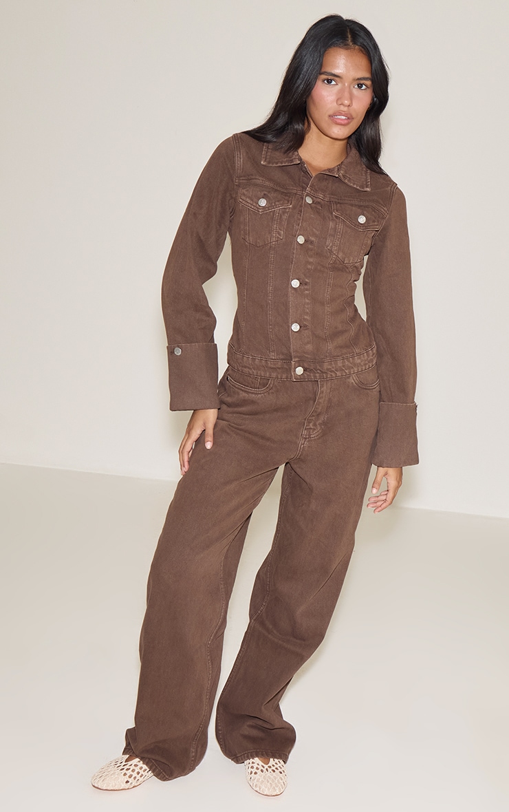 Brown Turn Up Cuff Cinched Back Denim Jacket image 3