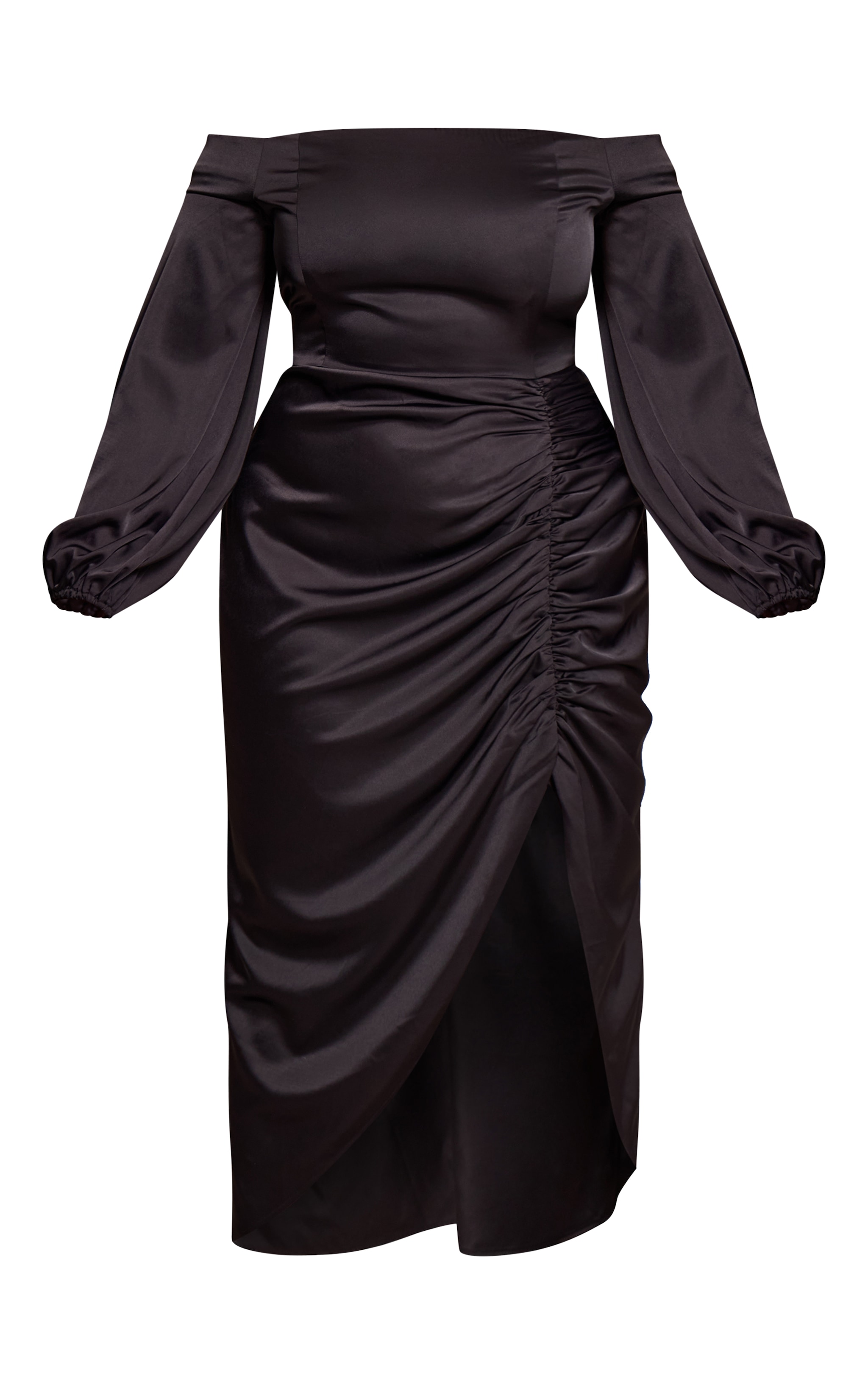Plus Black Satin Bardot Ruched Side Midi Dress image 5