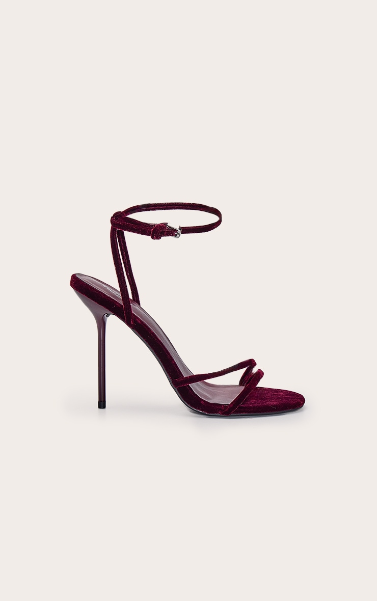 Burgundy Velvet Round Toe Asymmetric High Stiletto Heeled Sandals image 2