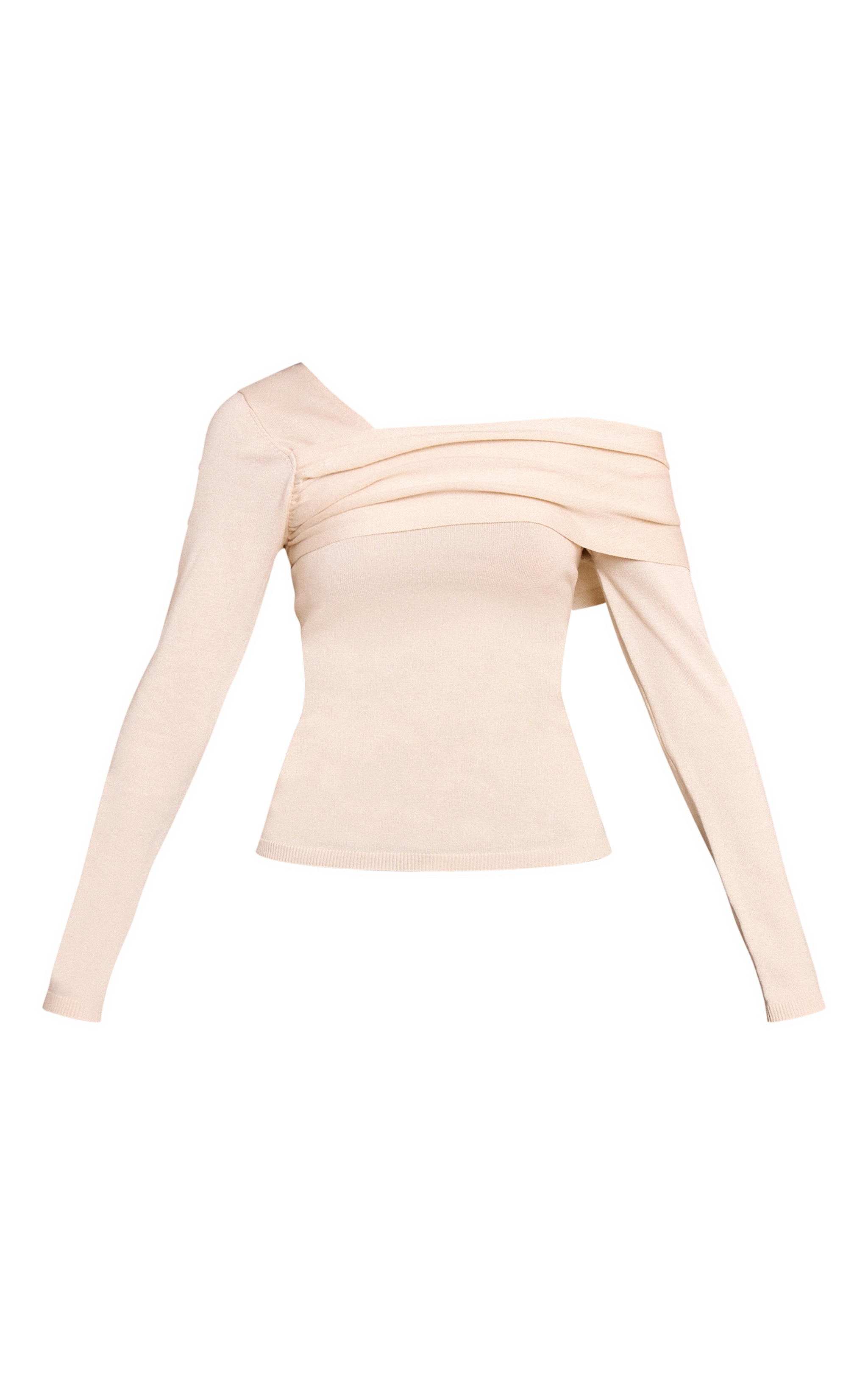 Cream Long Sleeve Asymmetric Shoulder Knitted Top image 5