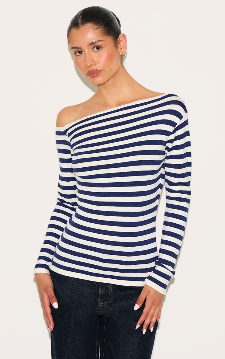 Tall Blue Asymmetric Stripe Knitted Top image 1