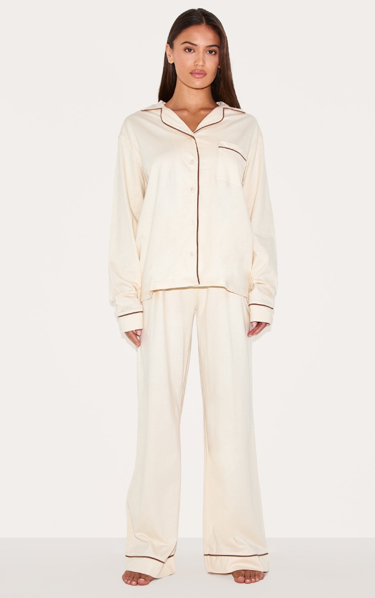 Ensemble de pyjama long en jersey crème à lisérés contrastants image 1