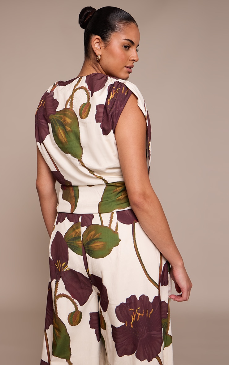 Plus Floral Print Woven Ruched Shoulder Cowl Neck Top  image 2