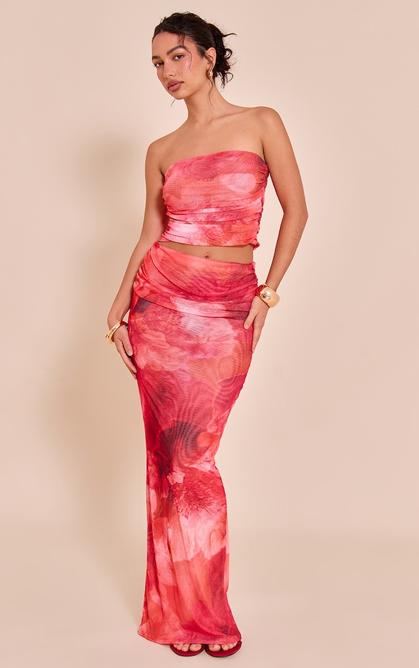 Pink Floral Print Chiffon Mesh Maxi Skirt