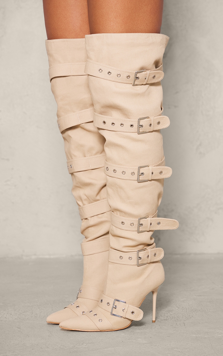 Stone Denim Point Toe Buckled Over The Knee Heeled Boots image 2