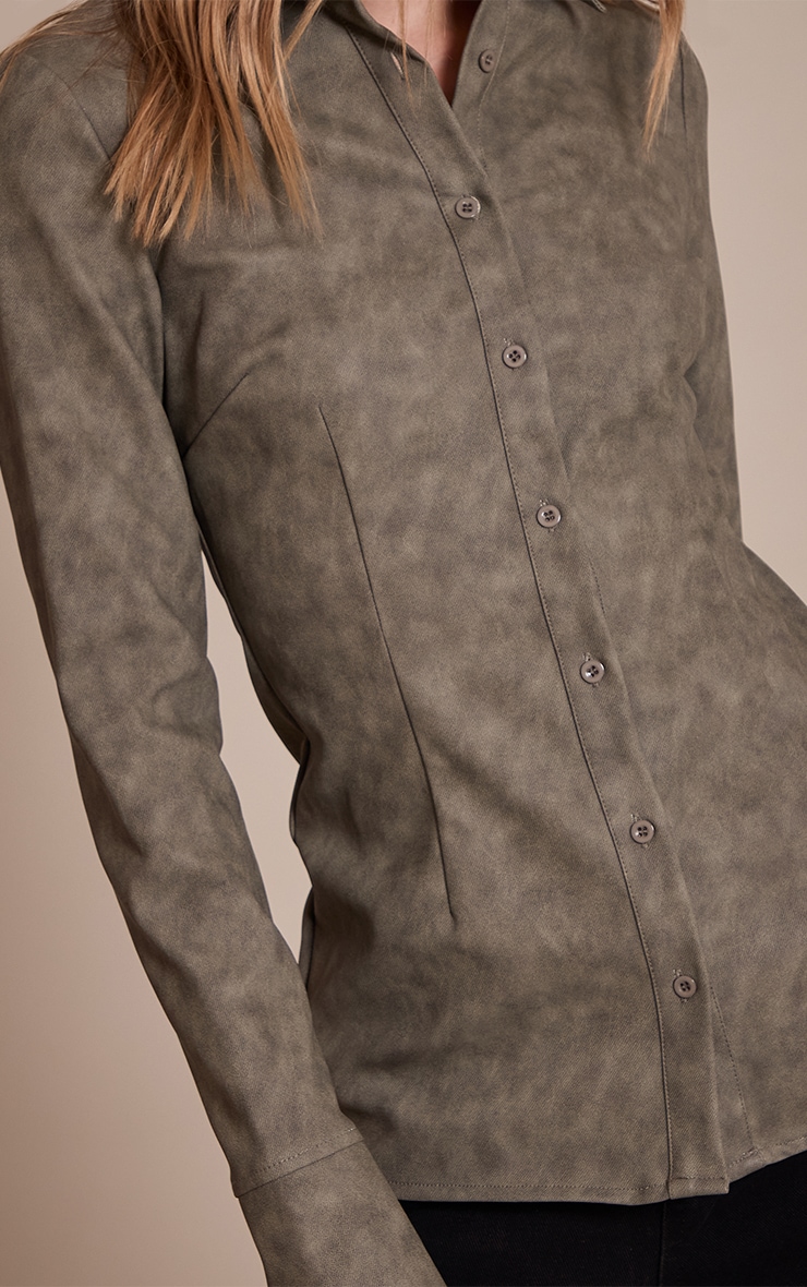 Olive Textured Faux Leather Fitted Shirt image 4