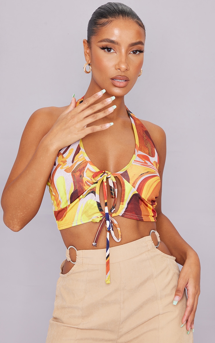 Orange Marble Print Slinky Double Tie Front Halterneck Crop Top image 1