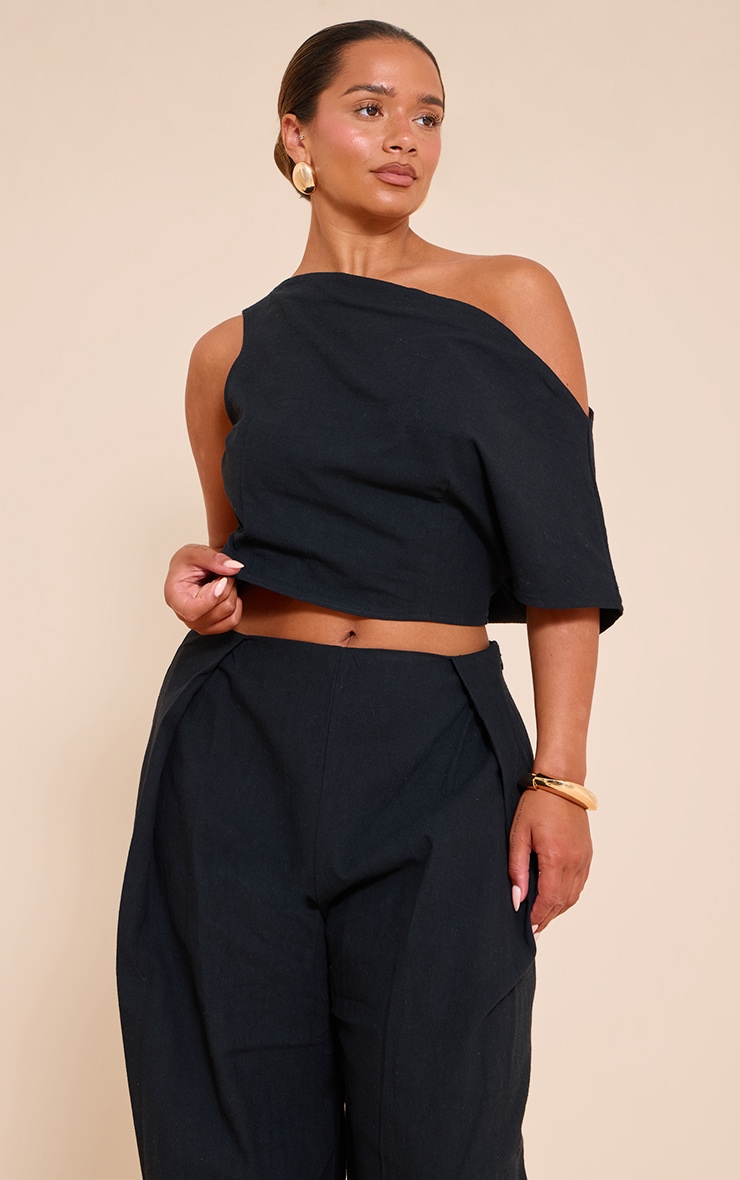 Shape Black Linen Look Asymmetrical Off The Shoulder Top image 1
