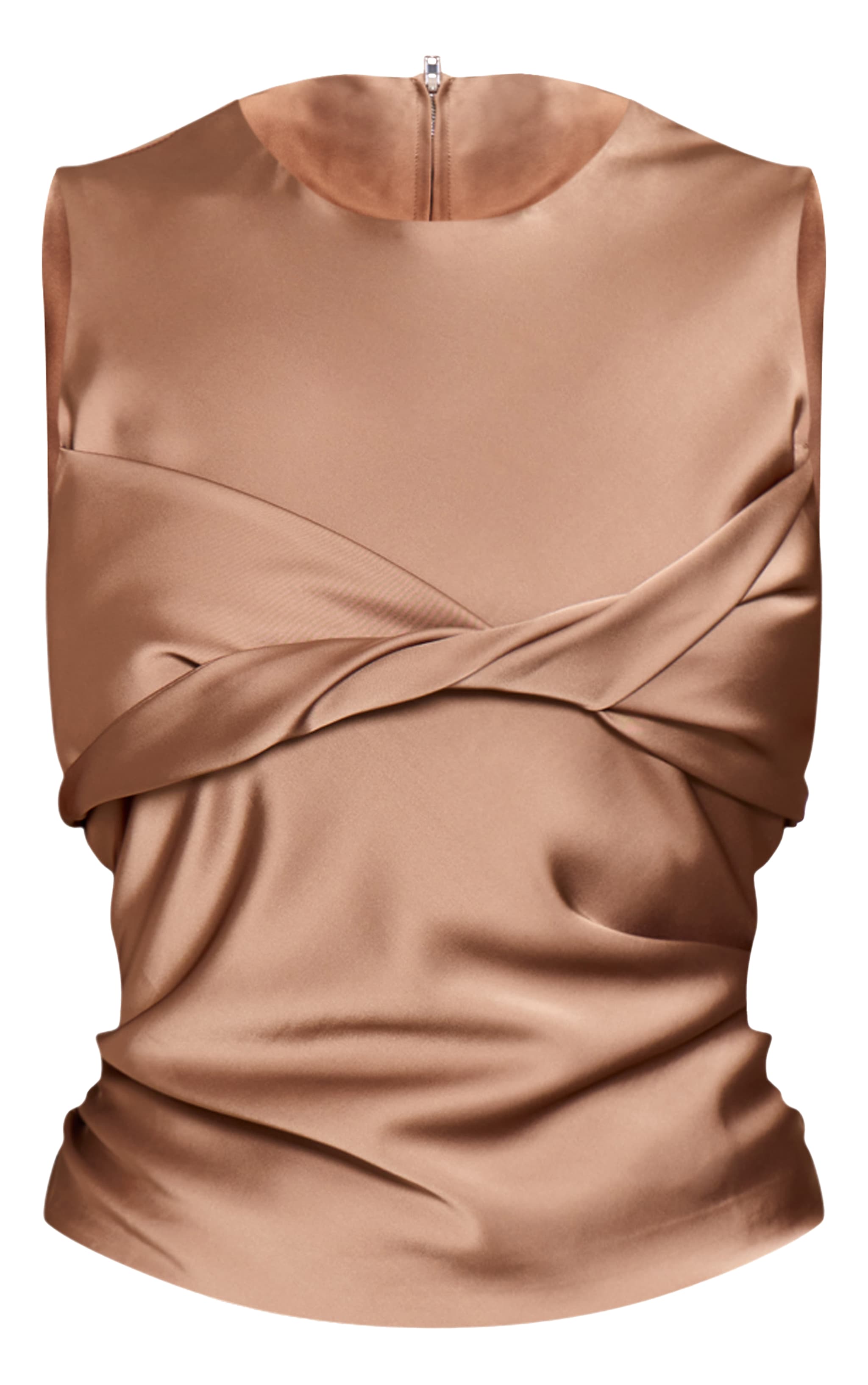 Mocha Satin Overlay Twist Detail Long Top image 5