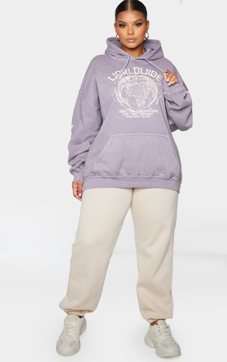 Plus Purple Worldwide Slogan Oversized Hoodie