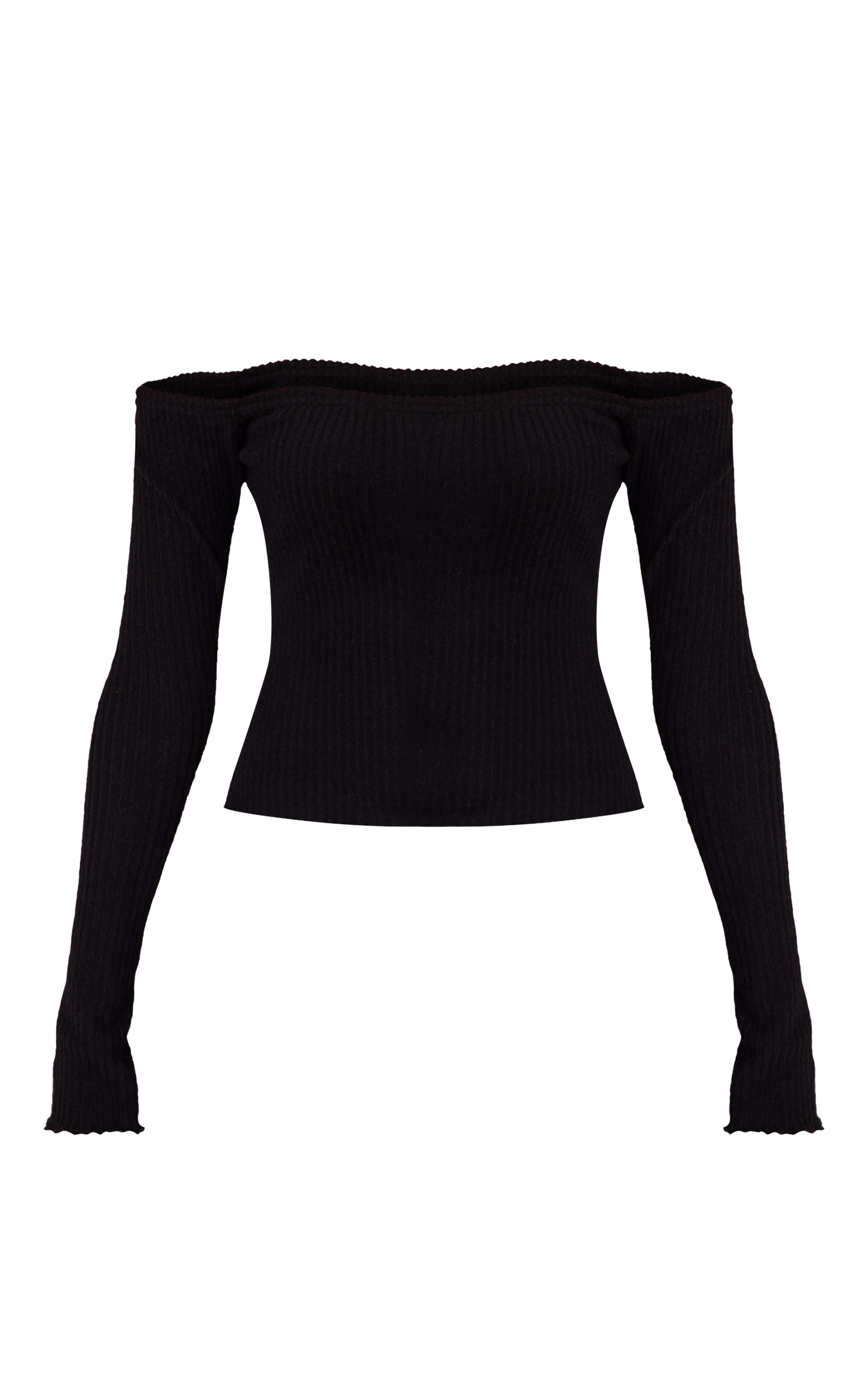 Black Brushed Rib Knit Bardot Long Sleeve Top image 5