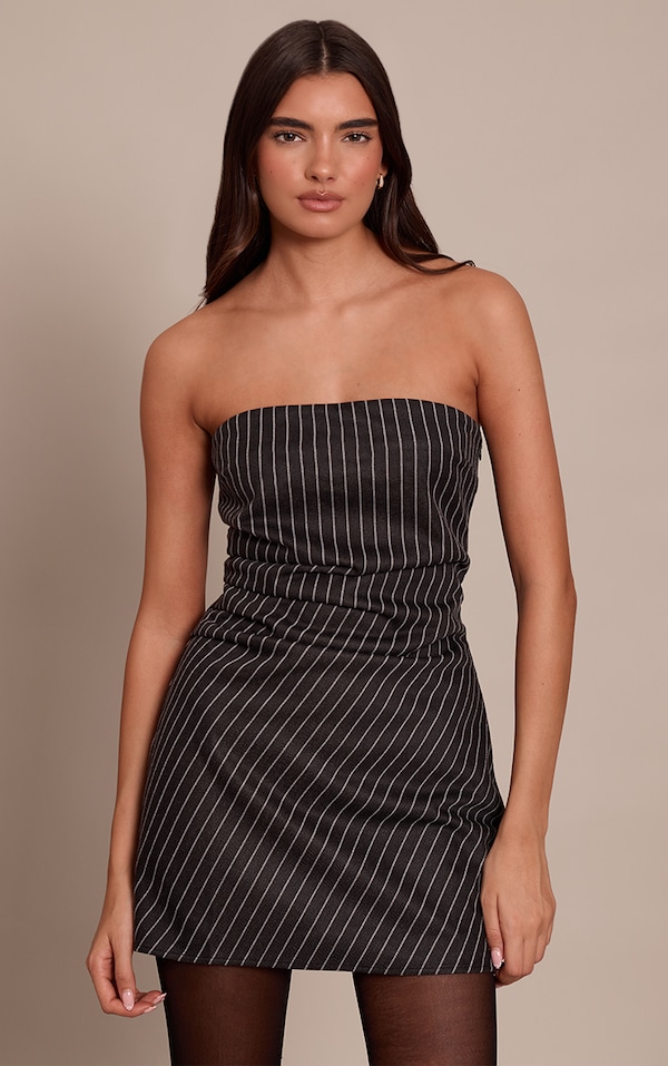 Black Pinstripe Brushed Bandeau Bodycon Dress