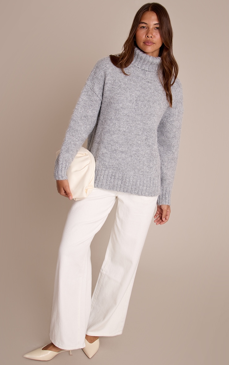 Grey Roll Neck Balloon Sleeve Oversized Jumper image 3