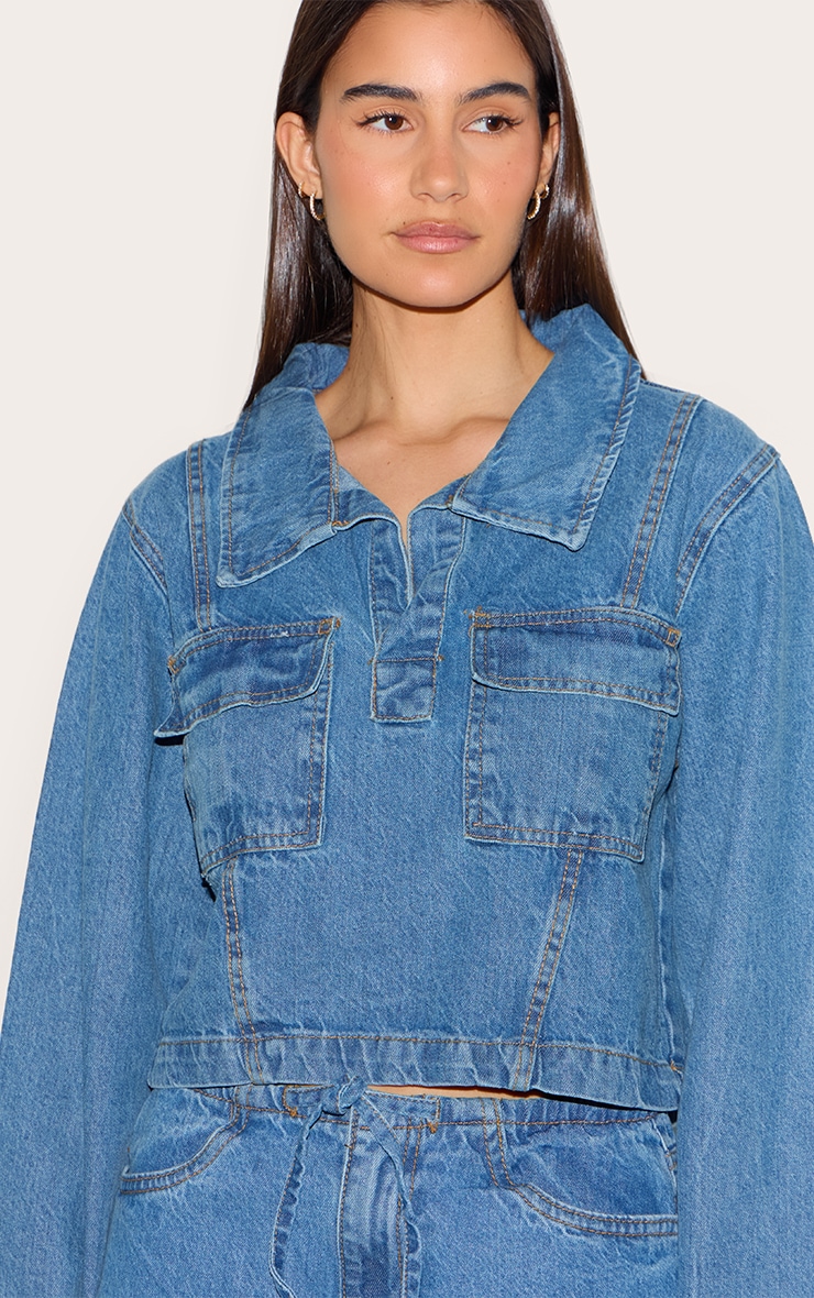 Mid Blue Wash Long Sleeve Denim Rugby Shirt image 4