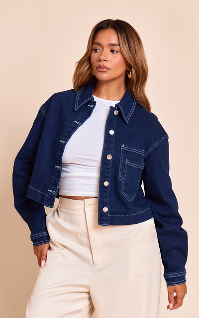 Shape Indigo Stretch Denim Double Pocket Cropped Jacket