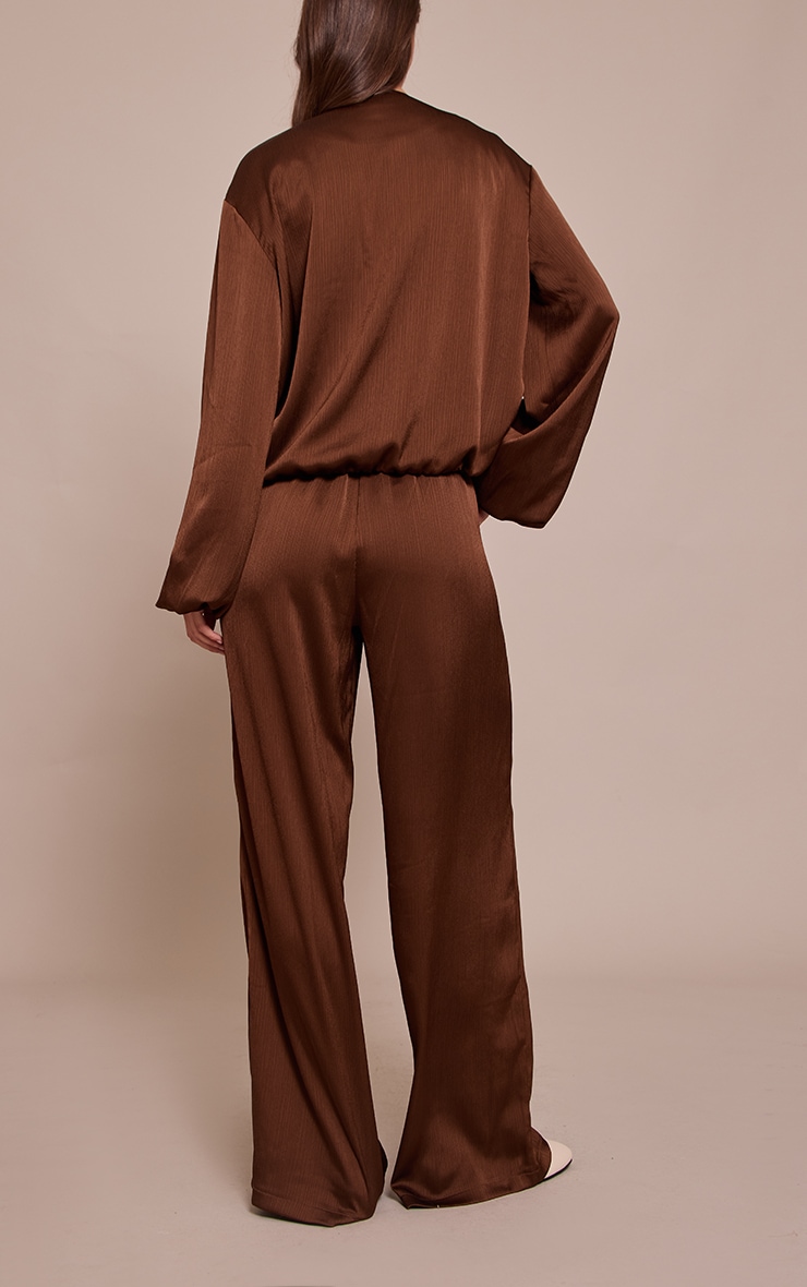 Dark Brown Textured Satin Drawstring Straight Leg Pant image 3