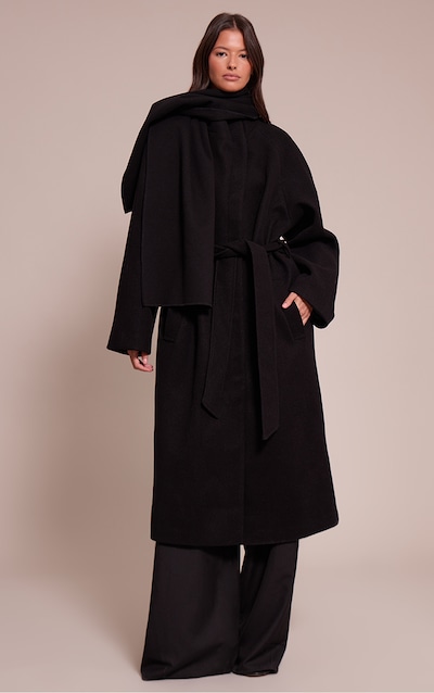 Black High Neck Scarf Wool Look Maxi Coat
