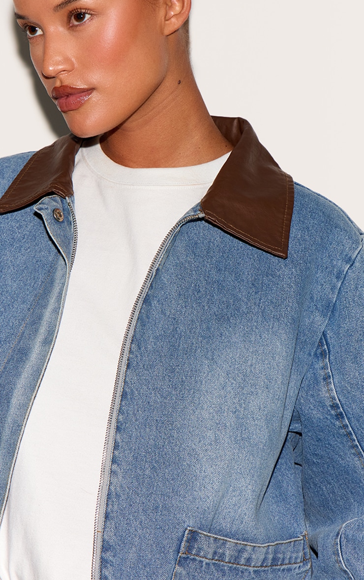 Plus Light Vintage Blue Faux Leather Collar Denim Jacket image 4
