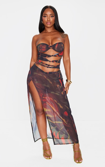 Shape Black Chiffon Tiger Printed Bandeau Cut Out Split Maxi Dress