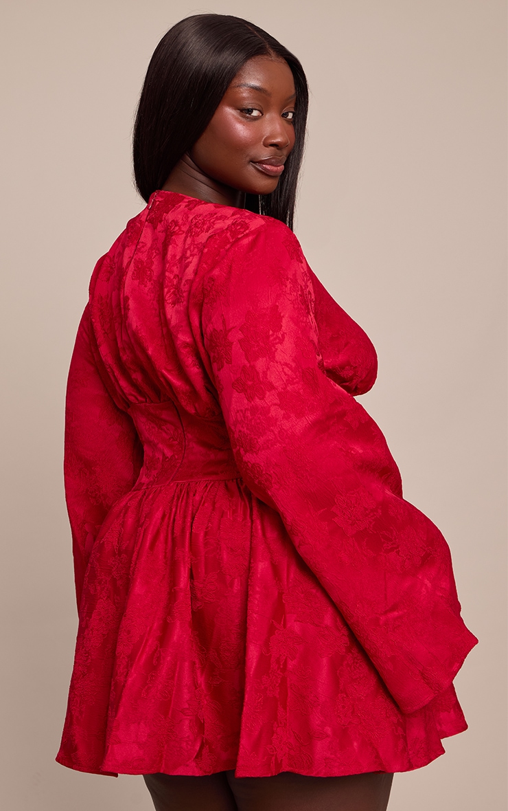 Plus Red Floral Jacquard Flute Sleeve Mini Dress image 2