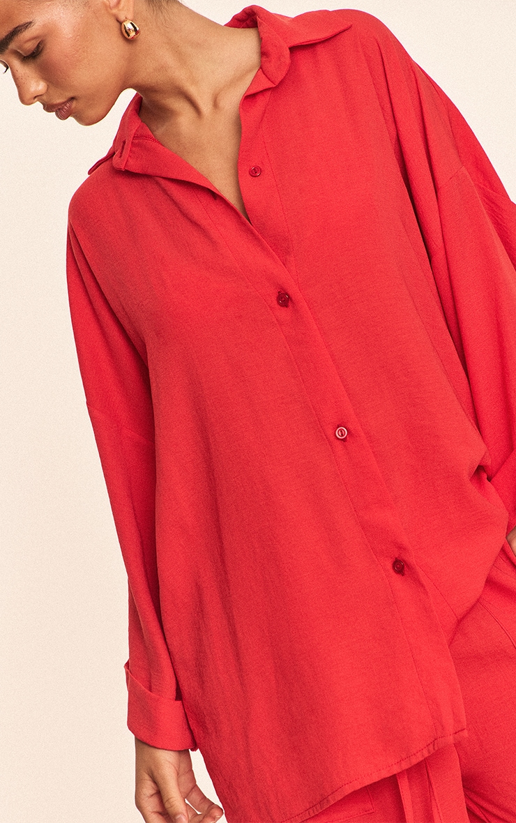 Red Linen Look Oversized Drop Shoulder Beach Shirt image 4