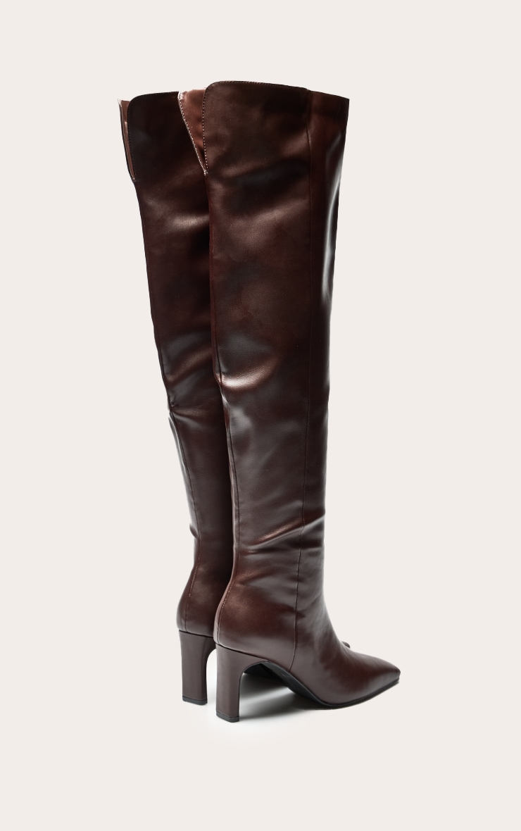 Choc PU Point Toe Block Heeled Fold Over The Knee High Boot image 4