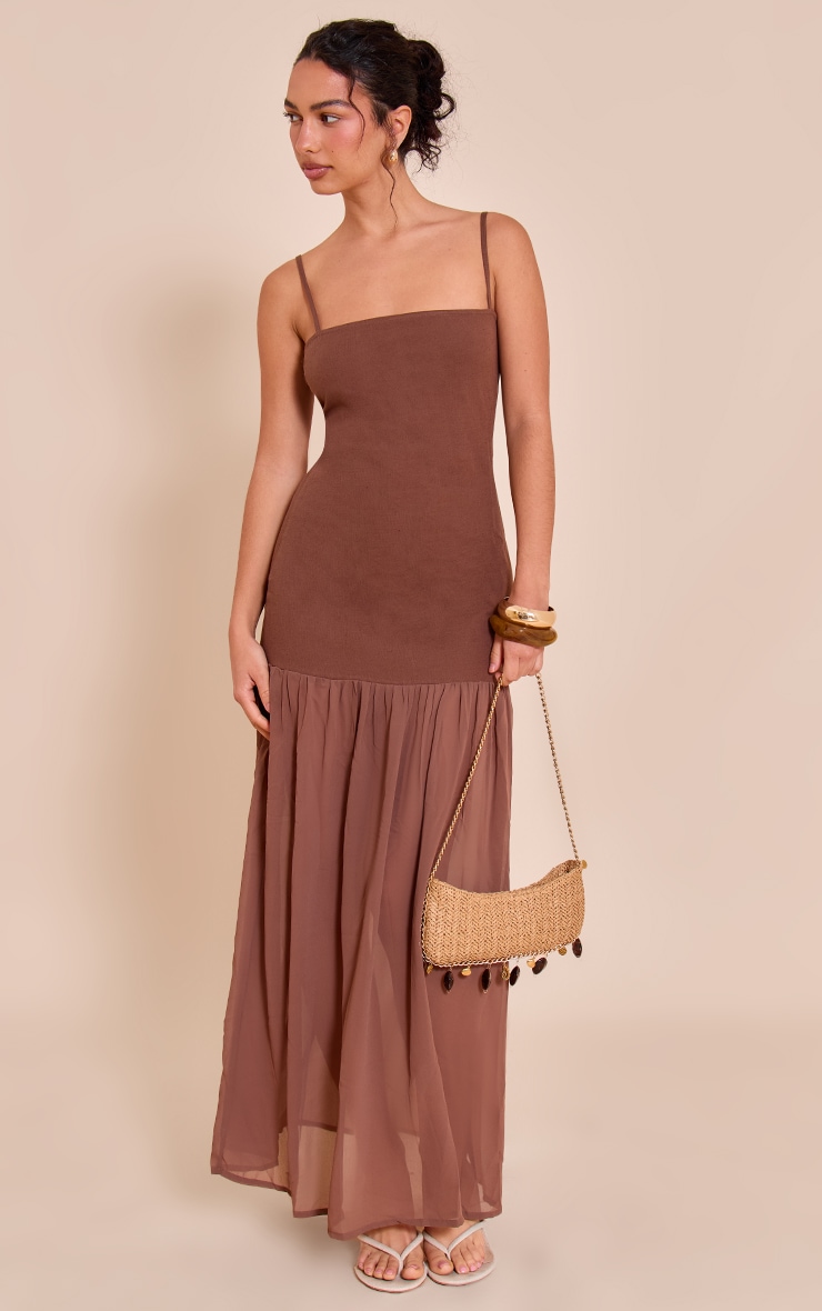 Chocolate Linen Look Strappy Dropped Waist Maxi Dress image 1