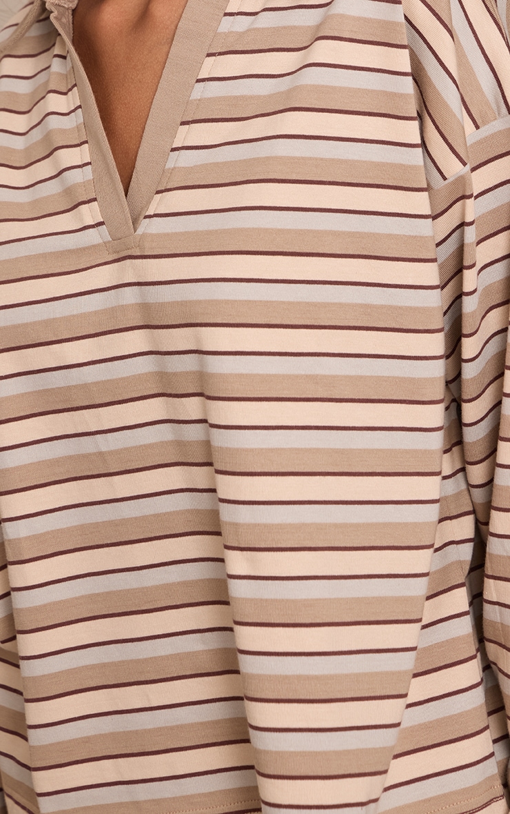 Petite Beige Striped Collared V Neck Top image 4