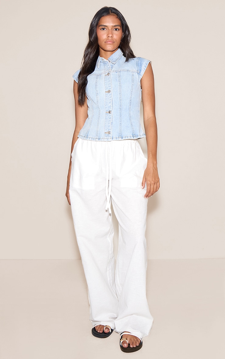 Light Blue Cap Sleeve Cinch Denim Shirt image 3