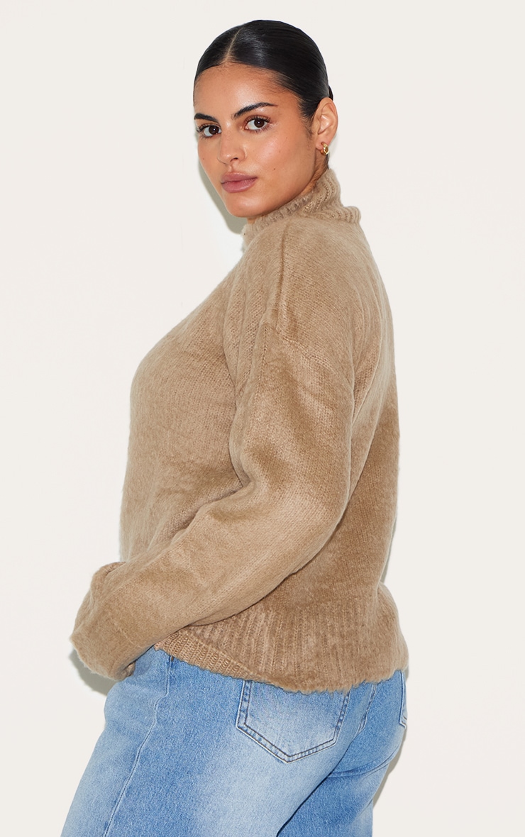 Plus Pull en maille tricot duveteuse gris pierre à col montant image 2