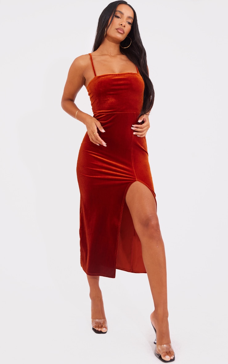 Rust Strappy Velvet Split Midi Dress image 1