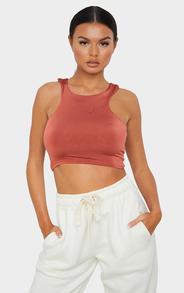 Rust Soft Touch Racer Neck Crop Top