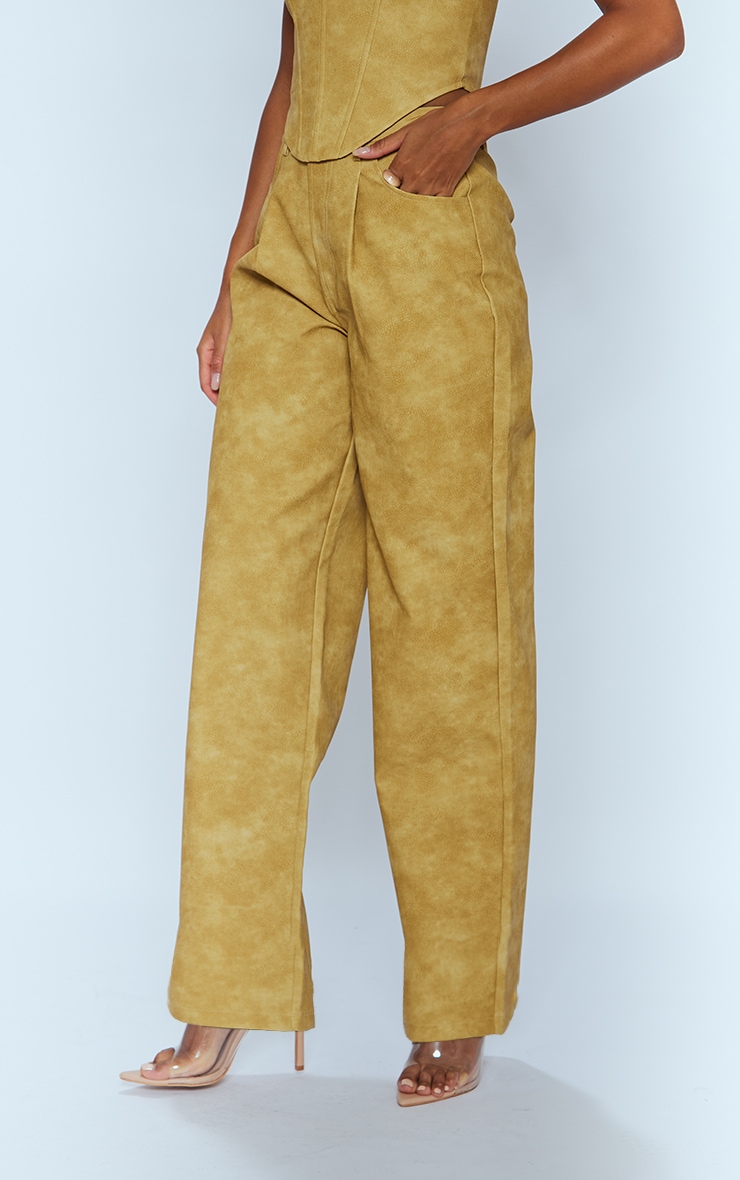 Mustard Washed Faux Leather Dart Pocket Straight Leg Pants image 2