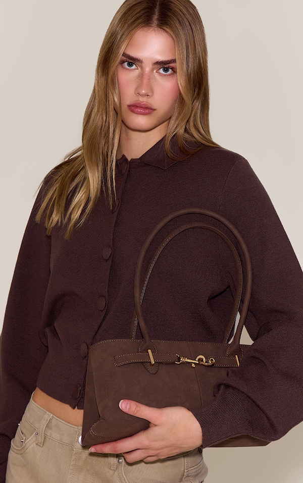 Chocolate Croc Faux Suede Shoulder Bag