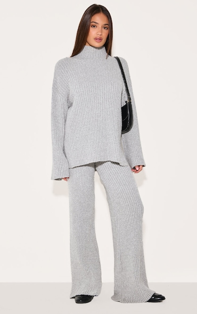 Ash Grey Rib Boucle Knit Wide Leg Pants