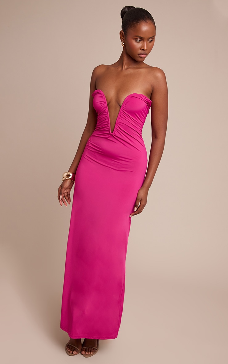 Fuschia Soft Touch Bandeau V Bar Detail Maxi Dress image 3