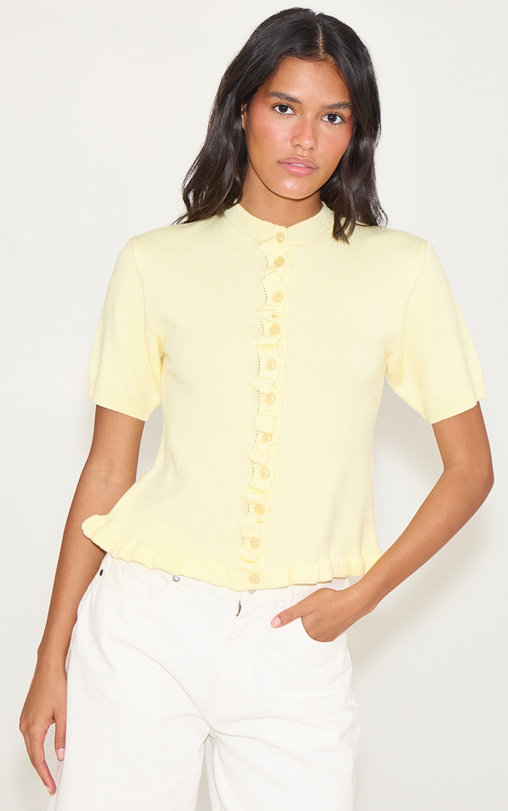 Yellow Knit Ruffle Detail Short Sleeve Cardigan image 4