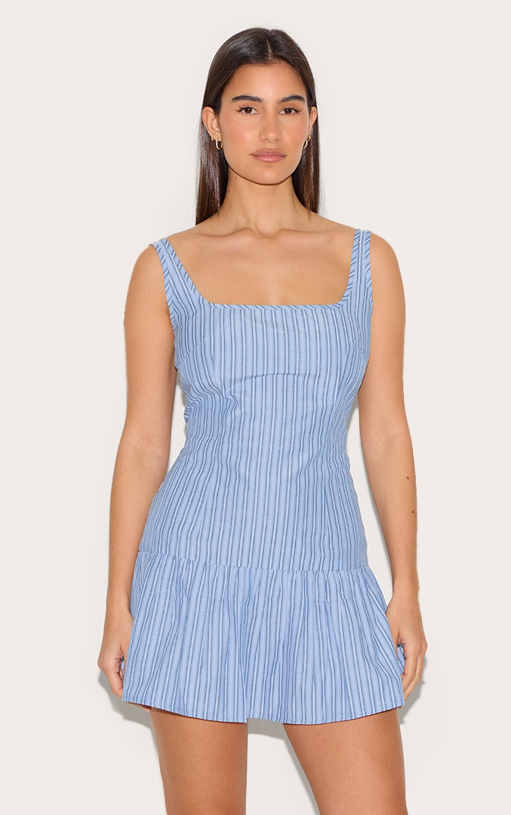 Blue Striped Sleeveless Straight Neck Shift Dress image 1